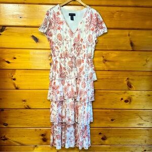 STELLA  & JULIE Tiered Women Short Sleeve Lined V Neck Floral Midi Dress 14